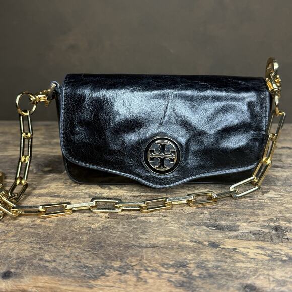 Tory Birch Amanda Black Mini Clutch Crossbody Gold Chain Removable Strap Leather - Picture 1 of 16